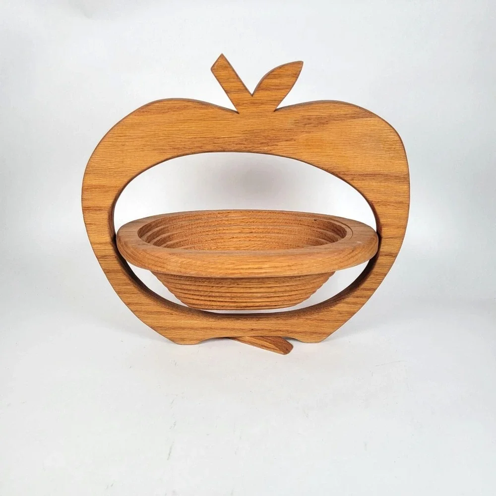 Vtg Wooden Ways Collapsible Apple-Shaped‎ Standing Wooden Basket Bowl Farmhouse
